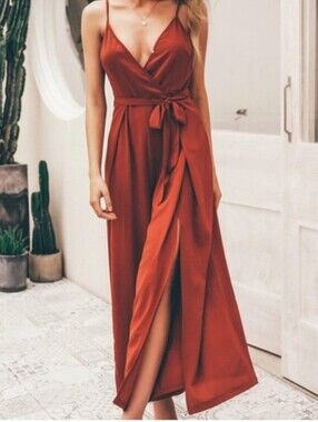 Simplee Plus Rust Orange Wide Leg Wrap Jumpsuit Womens 0XL(12W) Tie Waist